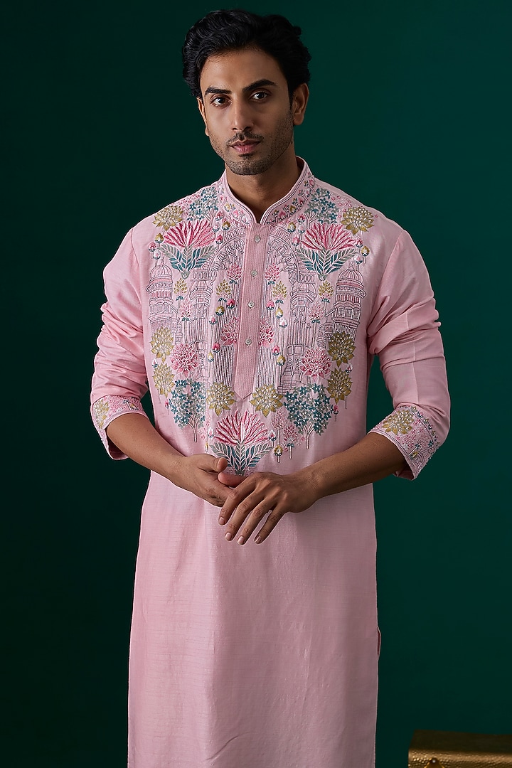 Baby Pink Tussar Hand & Machine Embroidered Kurta Set by SAMMOHAN at Pernia's Pop Up Shop