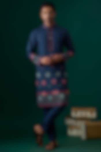 Teal Tussar Hand & Machine Embroidered Kurta Set by SAMMOHAN at Pernia's Pop Up Shop