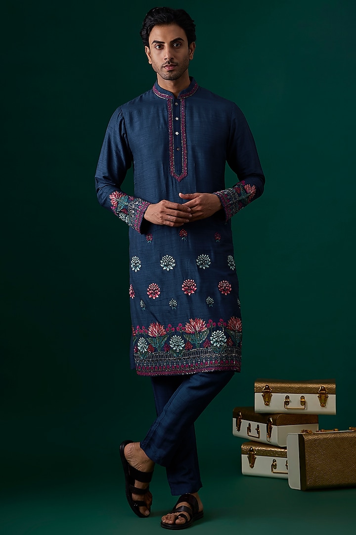 Teal Tussar Hand & Machine Embroidered Kurta Set by SAMMOHAN at Pernia's Pop Up Shop