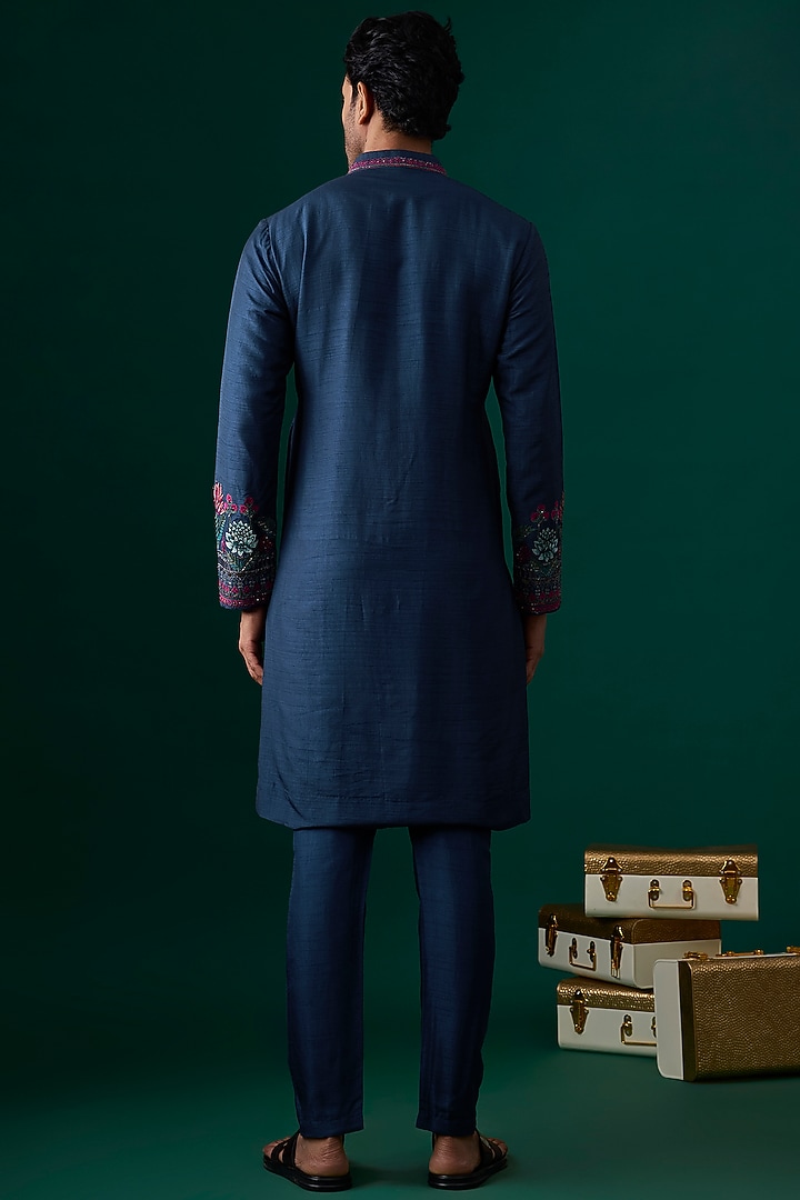 Teal Tussar Hand & Machine Embroidered Kurta Set by SAMMOHAN at Pernia's Pop Up Shop