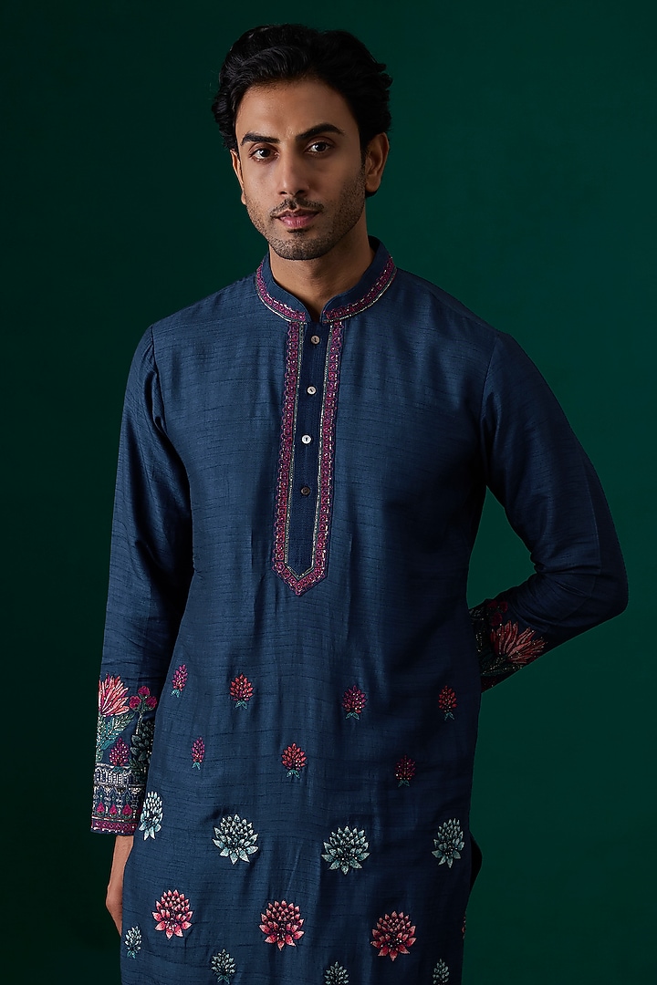 Teal Tussar Hand & Machine Embroidered Kurta Set by SAMMOHAN at Pernia's Pop Up Shop