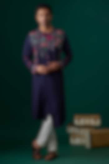 Blue Tussar Hand & Machine Embroidered Kurta Set by SAMMOHAN at Pernia's Pop Up Shop