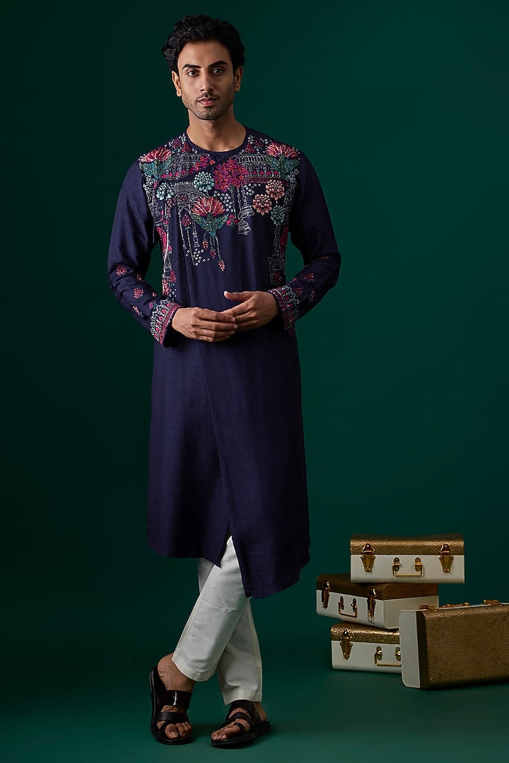 Blue Tussar Hand & Machine Embroidered Kurta Set by SAMMOHAN at Pernia's Pop Up Shop