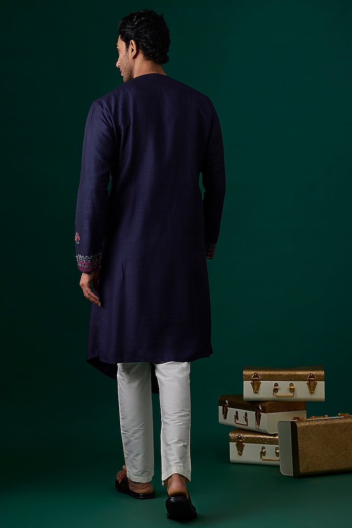 Blue Tussar Hand & Machine Embroidered Kurta Set by SAMMOHAN at Pernia's Pop Up Shop