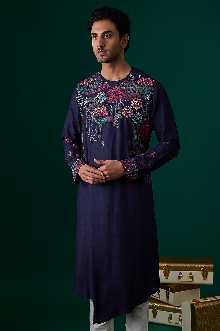 Blue Tussar Hand & Machine Embroidered Kurta Set by SAMMOHAN at Pernia's Pop Up Shop