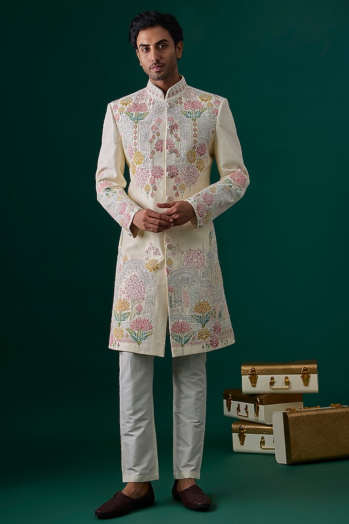 Ivory Raw Silk Hand & Machine Embroidered Groom Sherwani Set by SAMMOHAN at Pernia's Pop Up Shop