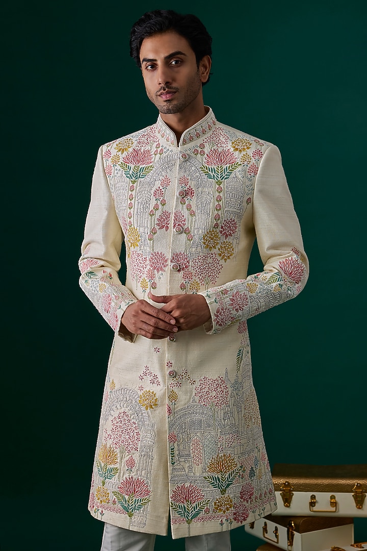 Ivory Raw Silk Hand & Machine Embroidered Groom Sherwani Set by SAMMOHAN at Pernia's Pop Up Shop