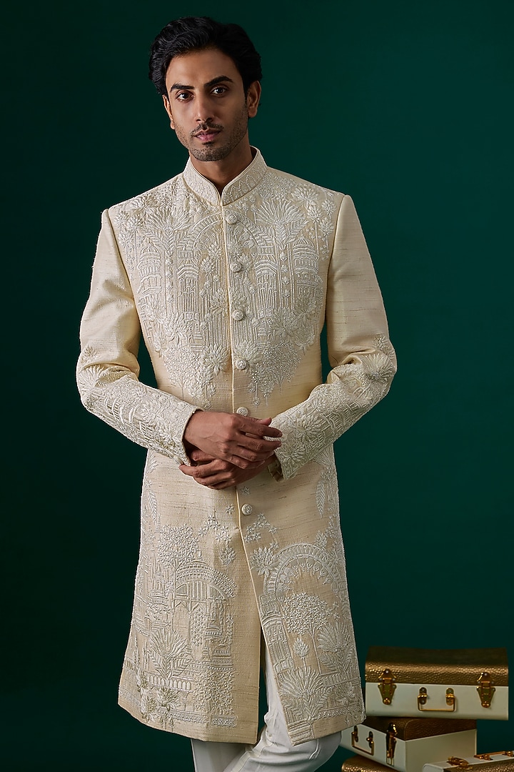 Ecru Raw Silk Hand & Machine Embroidered Groom Sherwani Set by SAMMOHAN at Pernia's Pop Up Shop