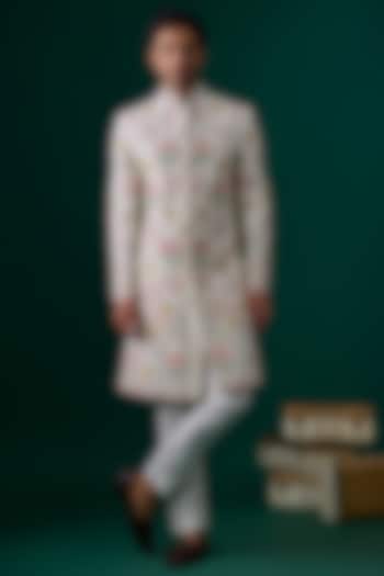 Ivory Raw Silk Hand & Machine Embroidered Sherwani Set by SAMMOHAN