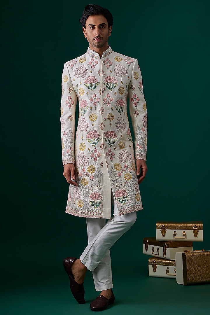 Ivory Raw Silk Hand & Machine Embroidered Sherwani Set by SAMMOHAN