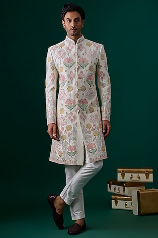 Ivory Raw Silk Hand & Machine Embroidered Sherwani Set by SAMMOHAN