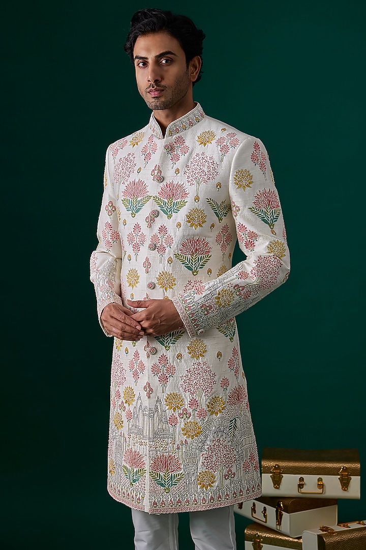 Ivory Raw Silk Hand & Machine Embroidered Groom Sherwani Set by SAMMOHAN at Pernia's Pop Up Shop