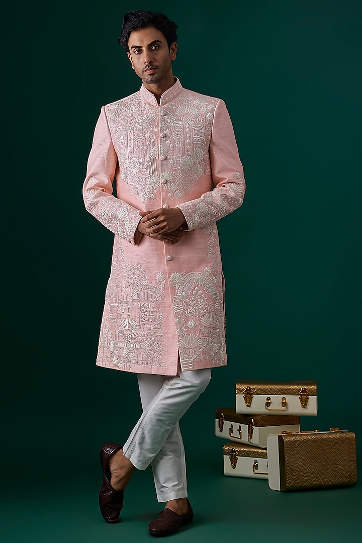 Baby Pink Raw Silk Hand & Machine Embroidered Sherwani Set by SAMMOHAN
