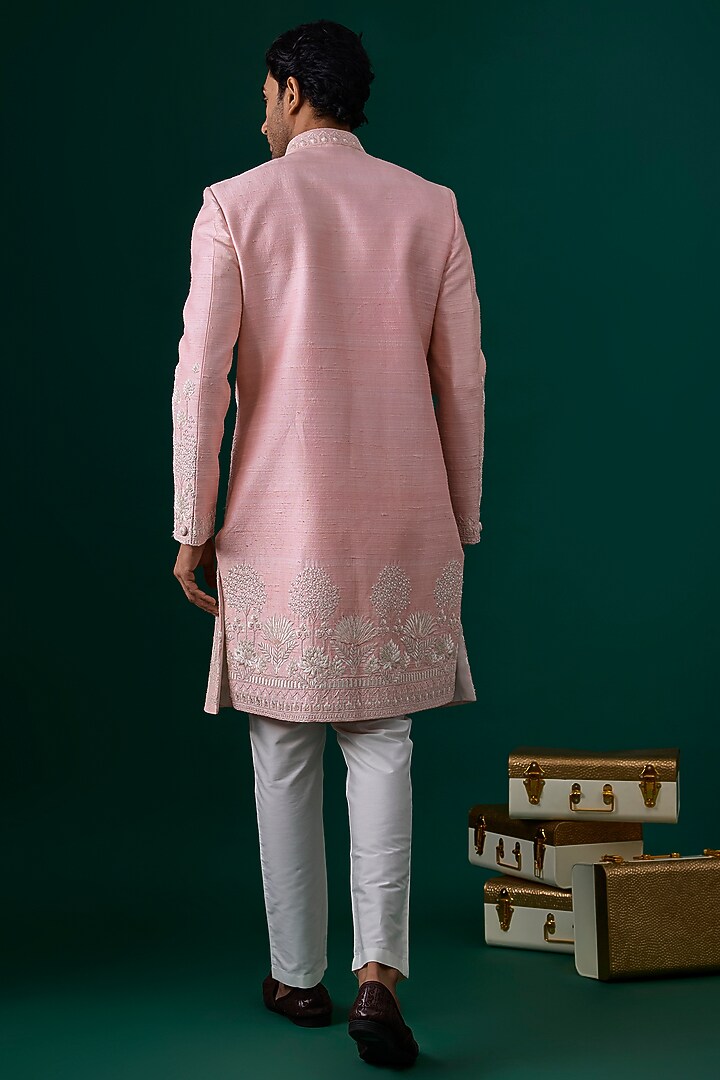 Baby Pink Raw Silk Hand & Machine Embroidered Groom Sherwani Set by SAMMOHAN at Pernia's Pop Up Shop