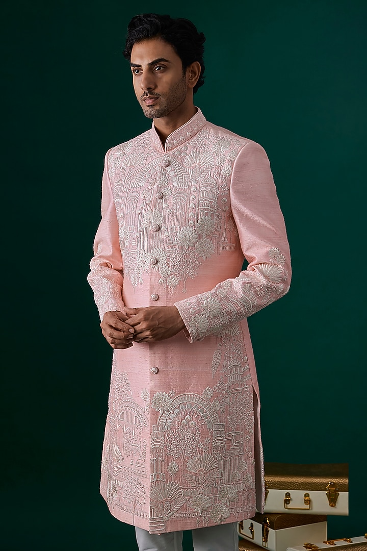 Baby Pink Raw Silk Hand & Machine Embroidered Groom Sherwani Set by SAMMOHAN at Pernia's Pop Up Shop