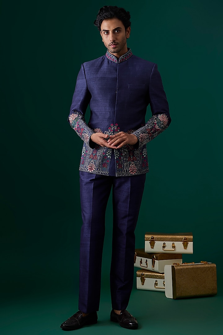 Navy Blue Raw Silk Hand & Machine Embroidered Bandhgala Set by SAMMOHAN