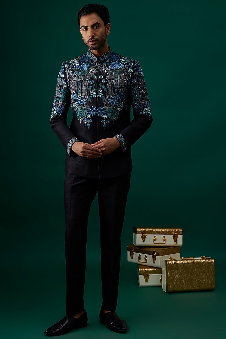 Black Raw Silk Hand & Machine Embroidered Groom Bandhgala Set by SAMMOHAN at Pernia's Pop Up Shop