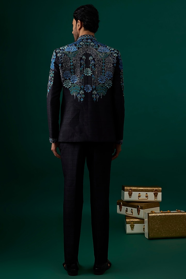 Black Raw Silk Hand & Machine Embroidered Groom Bandhgala Set by SAMMOHAN at Pernia's Pop Up Shop