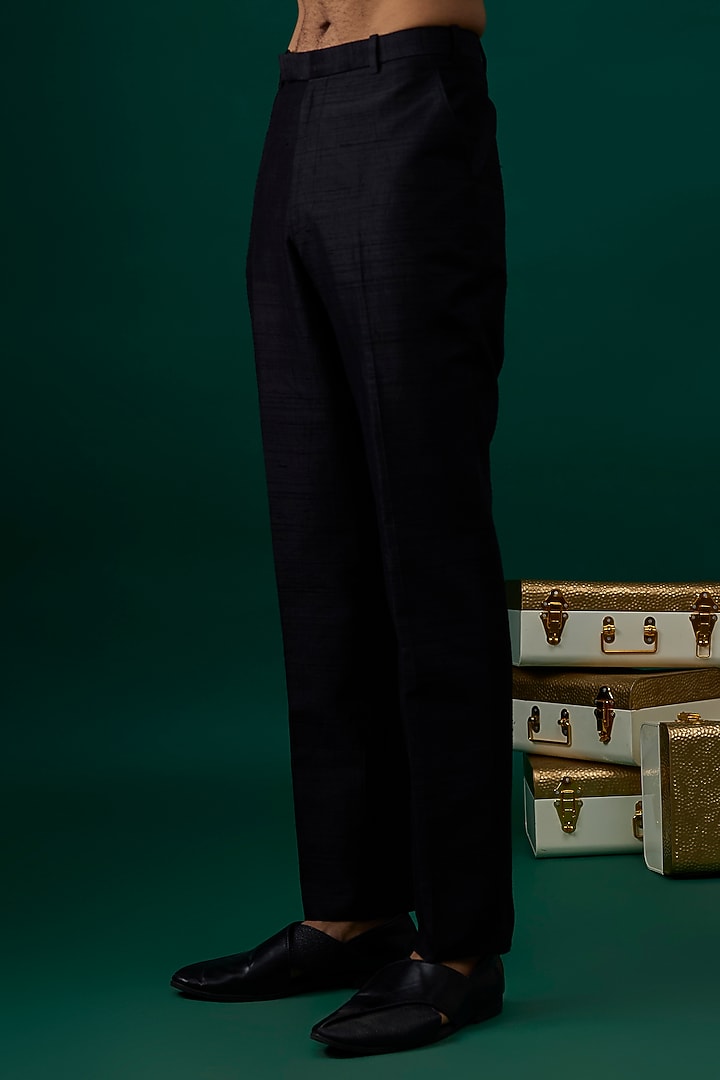Black Raw Silk Hand & Machine Embroidered Groom Bandhgala Set by SAMMOHAN at Pernia's Pop Up Shop