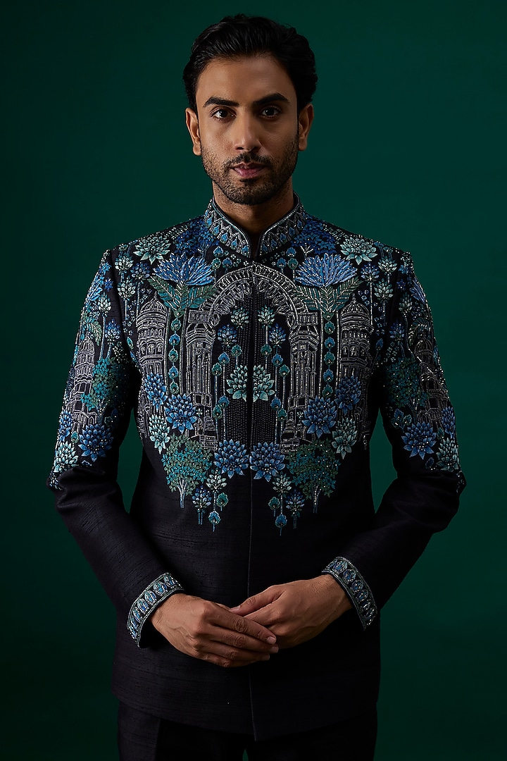 Black Raw Silk Hand & Machine Embroidered Groom Bandhgala Set by SAMMOHAN at Pernia's Pop Up Shop