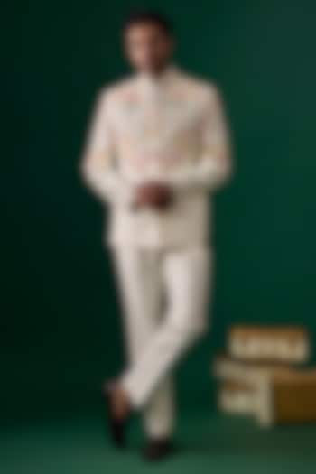 Off-White Raw Silk Hand & Machine Embroidered Groom Bandhgala Set by SAMMOHAN at Pernia's Pop Up Shop