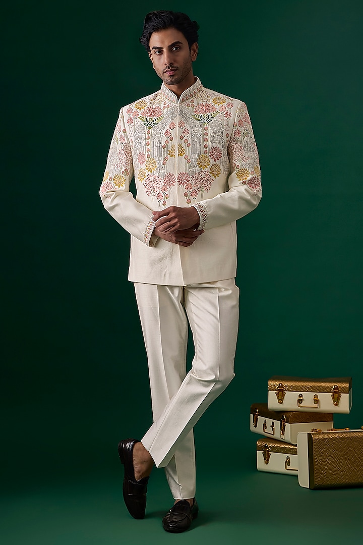 Off-White Raw Silk Hand & Machine Embroidered Groom Bandhgala Set by SAMMOHAN at Pernia's Pop Up Shop