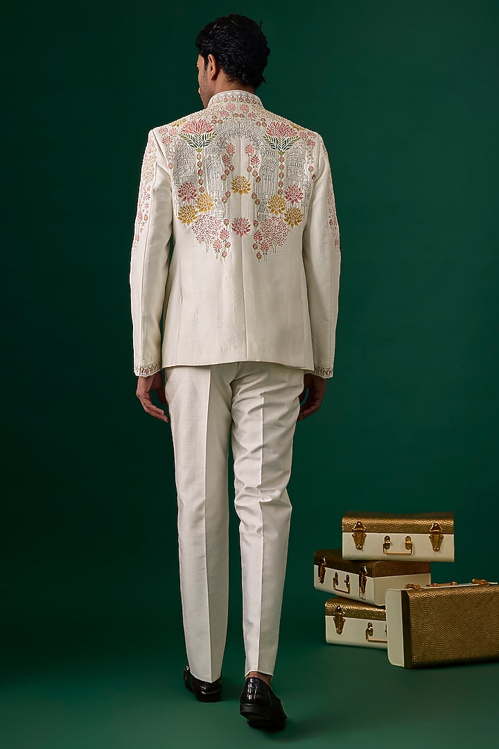 Off-White Raw Silk Hand & Machine Embroidered Groom Bandhgala Set by SAMMOHAN at Pernia's Pop Up Shop