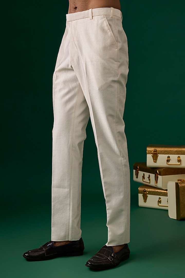 Off-White Raw Silk Hand & Machine Embroidered Groom Bandhgala Set by SAMMOHAN at Pernia's Pop Up Shop