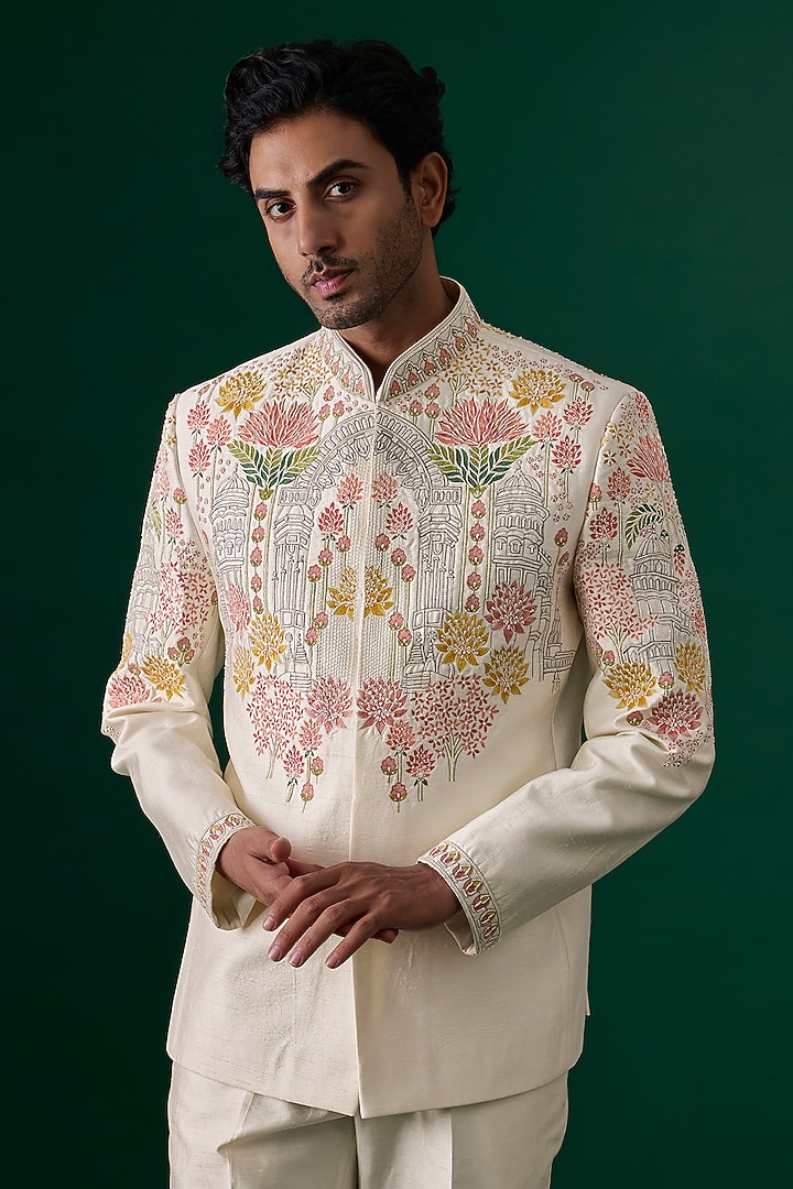Off-White Raw Silk Hand & Machine Embroidered Groom Bandhgala Set by SAMMOHAN at Pernia's Pop Up Shop
