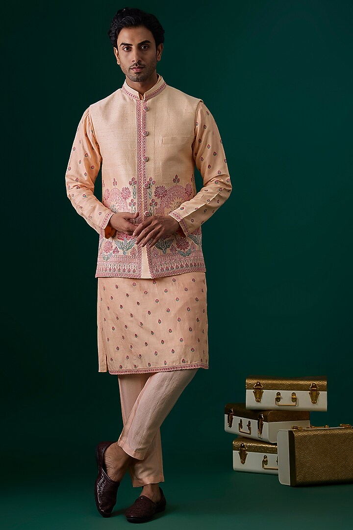 Peach Raw Silk Hand & Machine Embroidered Bundi Jacket Set by SAMMOHAN