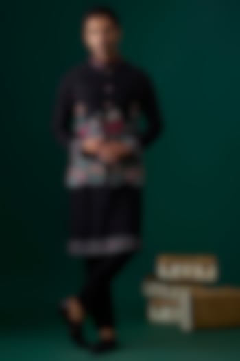 Black Raw Silk Hand & Machine Embroidered Bundi Jacket Set by SAMMOHAN at Pernia's Pop Up Shop