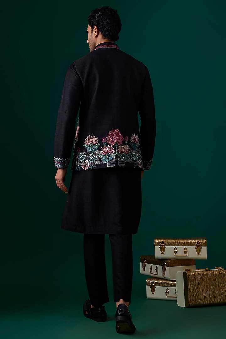 Black Raw Silk Hand & Machine Embroidered Bundi Jacket Set by SAMMOHAN at Pernia's Pop Up Shop