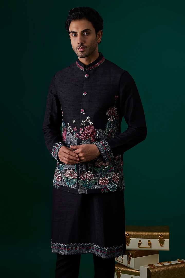 Black Raw Silk Hand & Machine Embroidered Bundi Jacket Set by SAMMOHAN at Pernia's Pop Up Shop