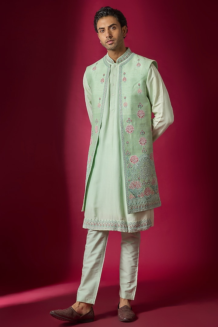 Mint Raw Silk Hand & Machine Embroidered Wedding Indowestern Set by SAMMOHAN at Pernia's Pop Up Shop