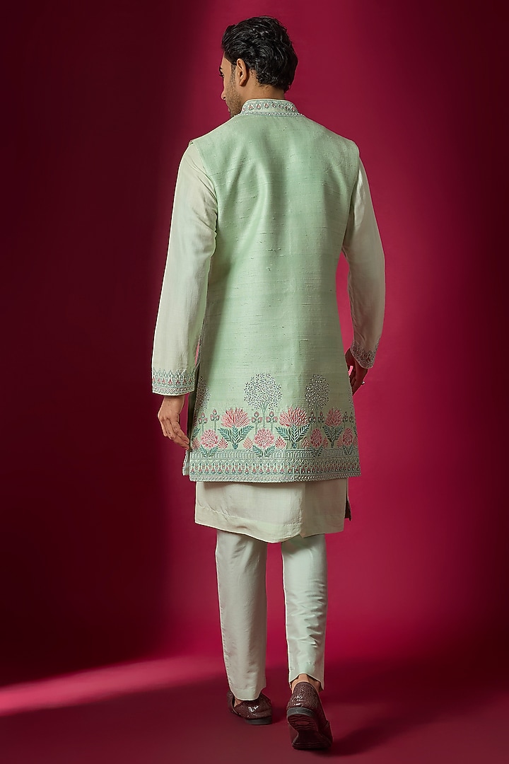 Mint Raw Silk Hand & Machine Embroidered Wedding Indowestern Set by SAMMOHAN at Pernia's Pop Up Shop