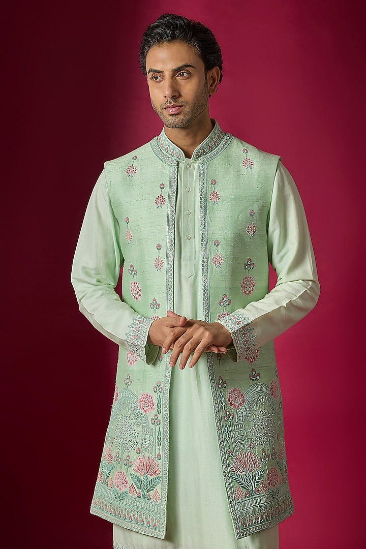 Mint Raw Silk Hand & Machine Embroidered Wedding Indowestern Set by SAMMOHAN at Pernia's Pop Up Shop