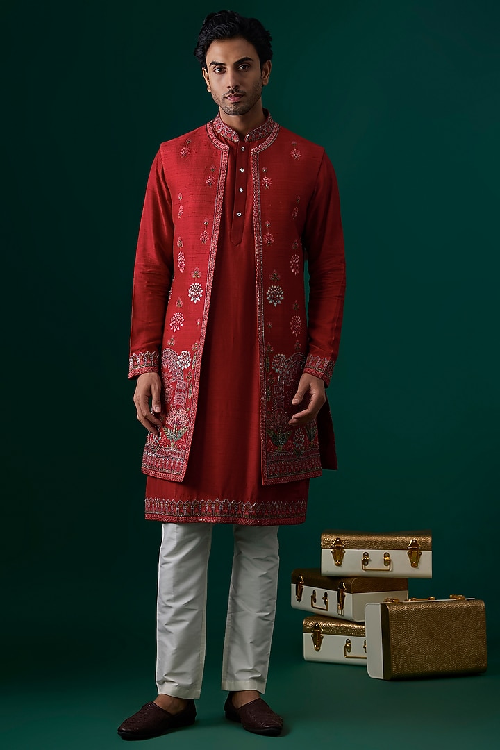 Red Raw Silk Hand & Machine Embroidered Wedding Indowestern Set by SAMMOHAN at Pernia's Pop Up Shop