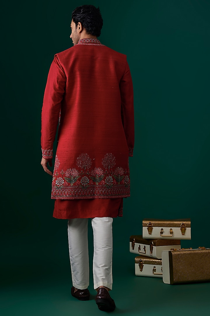 Red Raw Silk Hand & Machine Embroidered Wedding Indowestern Set by SAMMOHAN at Pernia's Pop Up Shop