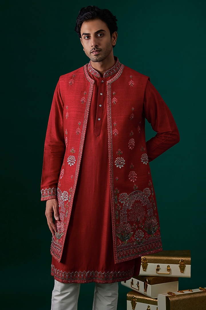 Red Raw Silk Hand & Machine Embroidered Wedding Indowestern Set by SAMMOHAN at Pernia's Pop Up Shop