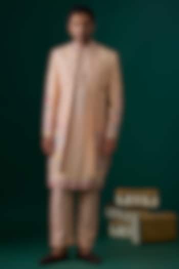 Peach Raw Silk Hand & Machine Embroidered Wedding Indowestern Set by SAMMOHAN at Pernia's Pop Up Shop