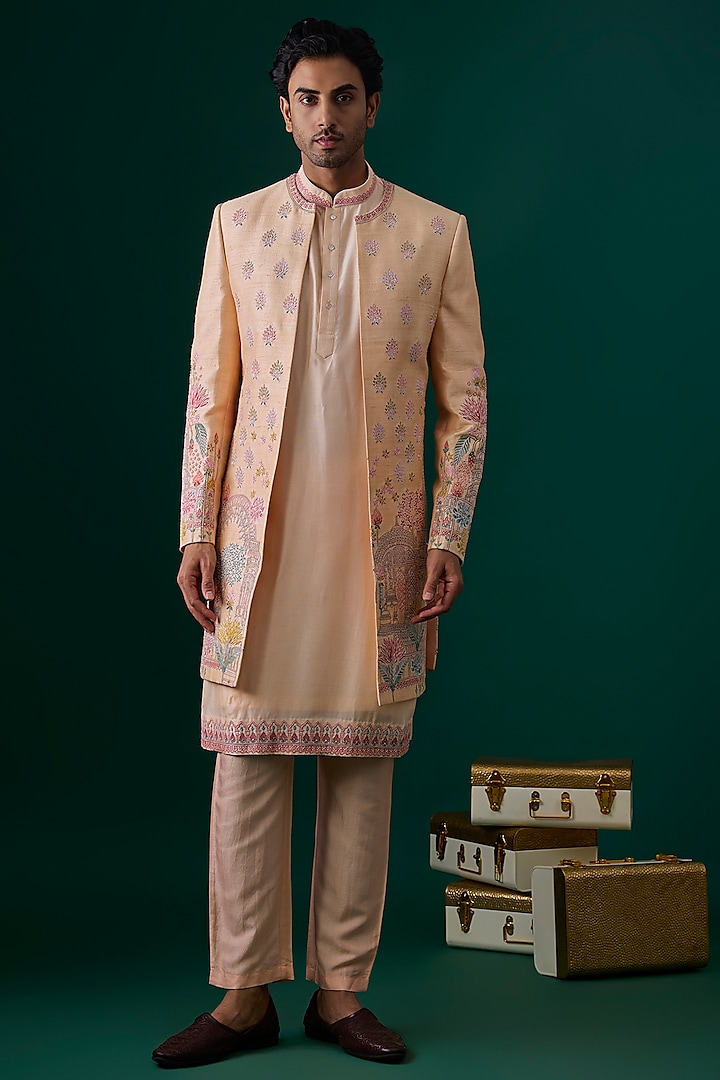 Peach Raw Silk Hand & Machine Embroidered Wedding Indowestern Set by SAMMOHAN at Pernia's Pop Up Shop