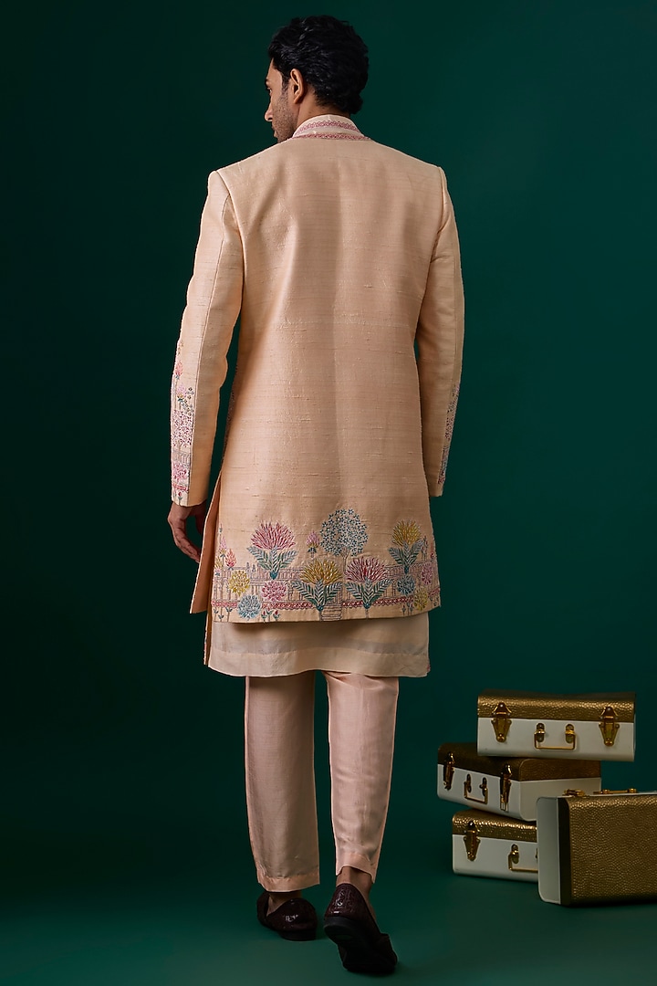 Peach Raw Silk Hand & Machine Embroidered Wedding Indowestern Set by SAMMOHAN at Pernia's Pop Up Shop