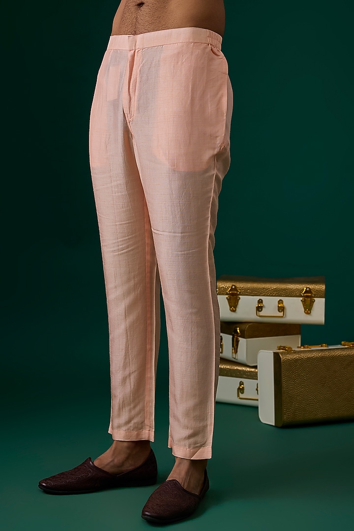Peach Raw Silk Hand & Machine Embroidered Wedding Indowestern Set by SAMMOHAN at Pernia's Pop Up Shop