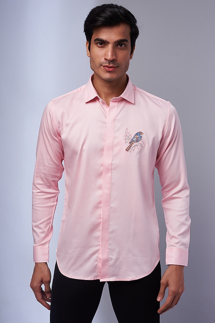 Pink Cotton & Lycra Embroidered Shirt by ALOUKIK at Pernia's Pop Up Shop