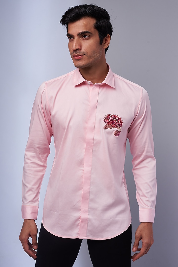 Pink Cotton & Lycra Embroidered Shirt by ALOUKIK at Pernia's Pop Up Shop