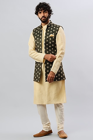 Dark Olive Printed Indowestern Set by ALOUKIK