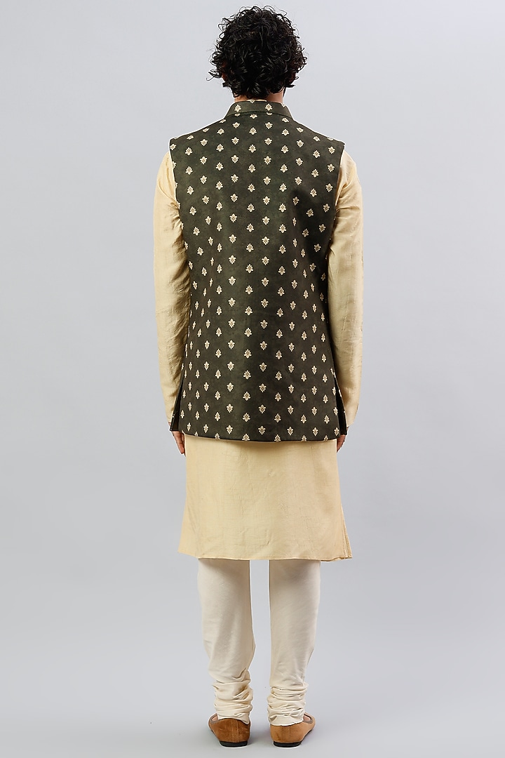 Dark Olive Printed Wedding Indowestern Set by ALOUKIK at Pernia's Pop Up Shop