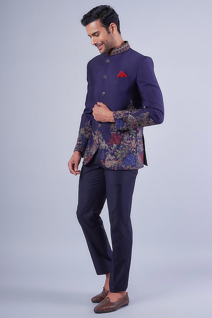 Navy Blue Tussar Resham Embroidered Bandhgala Set by SAMMOHAN at Pernia's Pop Up Shop