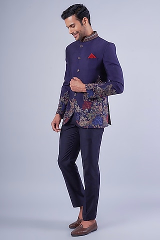 Navy Blue Tussar Resham Embroidered Bandhgala Set by SAMMOHAN