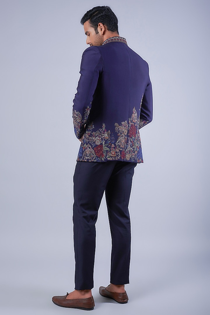 Navy Blue Tussar Resham Embroidered Wedding Bandhgala Set by SAMMOHAN at Pernia's Pop Up Shop